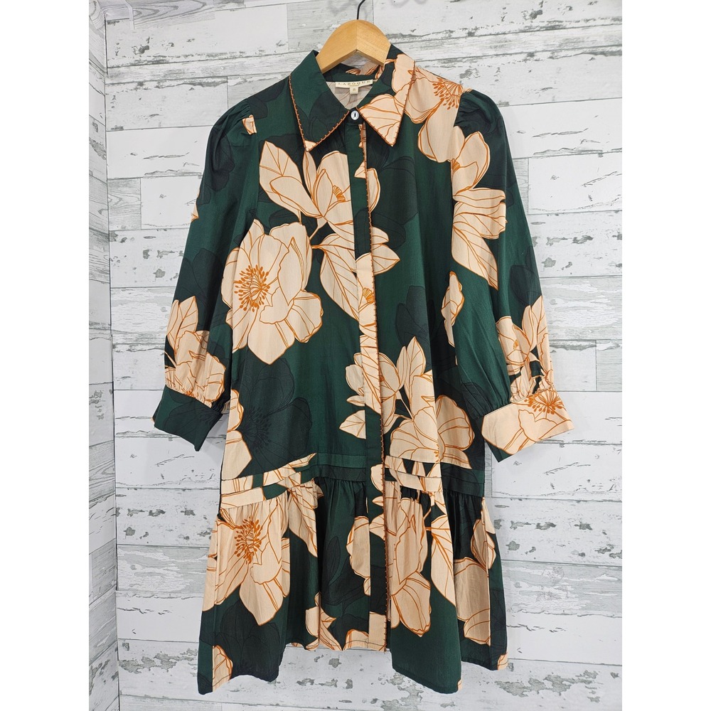 Laroque Original Green Peach Floral Drop Waist Mini Dress Small Cotton Puff Slee